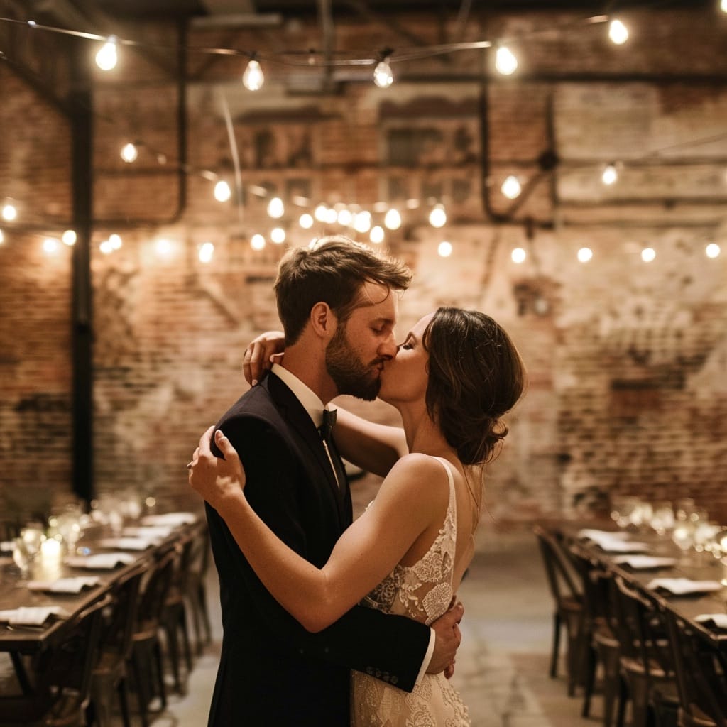 A bride and groom kiss while embracing in a warmly lit, rustic venue with exposed brick walls, string lights overhead, and long tables set for a celebration.