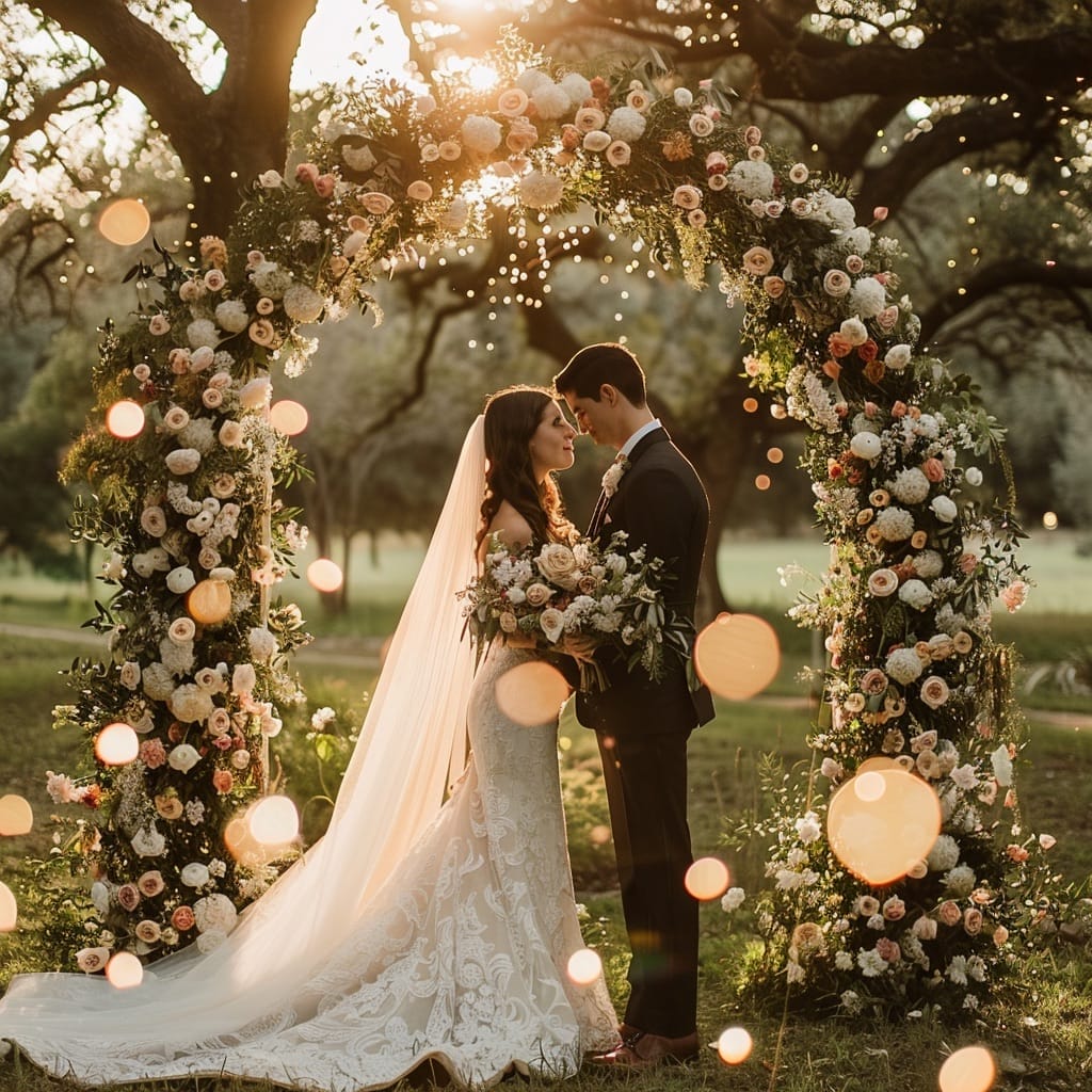 A bride and groom stand under a flower-covered arch outdoors at sunset, embracing and gazing at each other. Warm light and soft bokeh create a romantic, dreamy atmosphere.