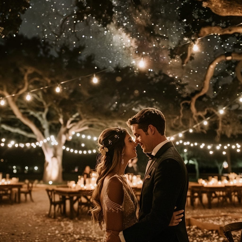 A bride and groom embrace under string lights at an outdoor nighttime wedding reception, surrounded by trees and decorated tables, with a starry sky overhead.
