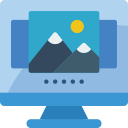 A flat-style icon of a computer monitor displaying an image with two mountains, snow-capped peaks, and a yellow sun in a blue sky. The monitor has a blue base and background.