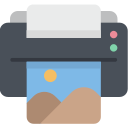 Flat icon of a printer printing a photo with mountains and a sun on it. The printer is gray with colored buttons and the photo coming out shows a landscape scene.