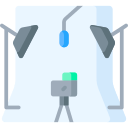 Flat illustration of a dental office setup showing a dentist chair, overhead examination light, and dental equipment against a light background.