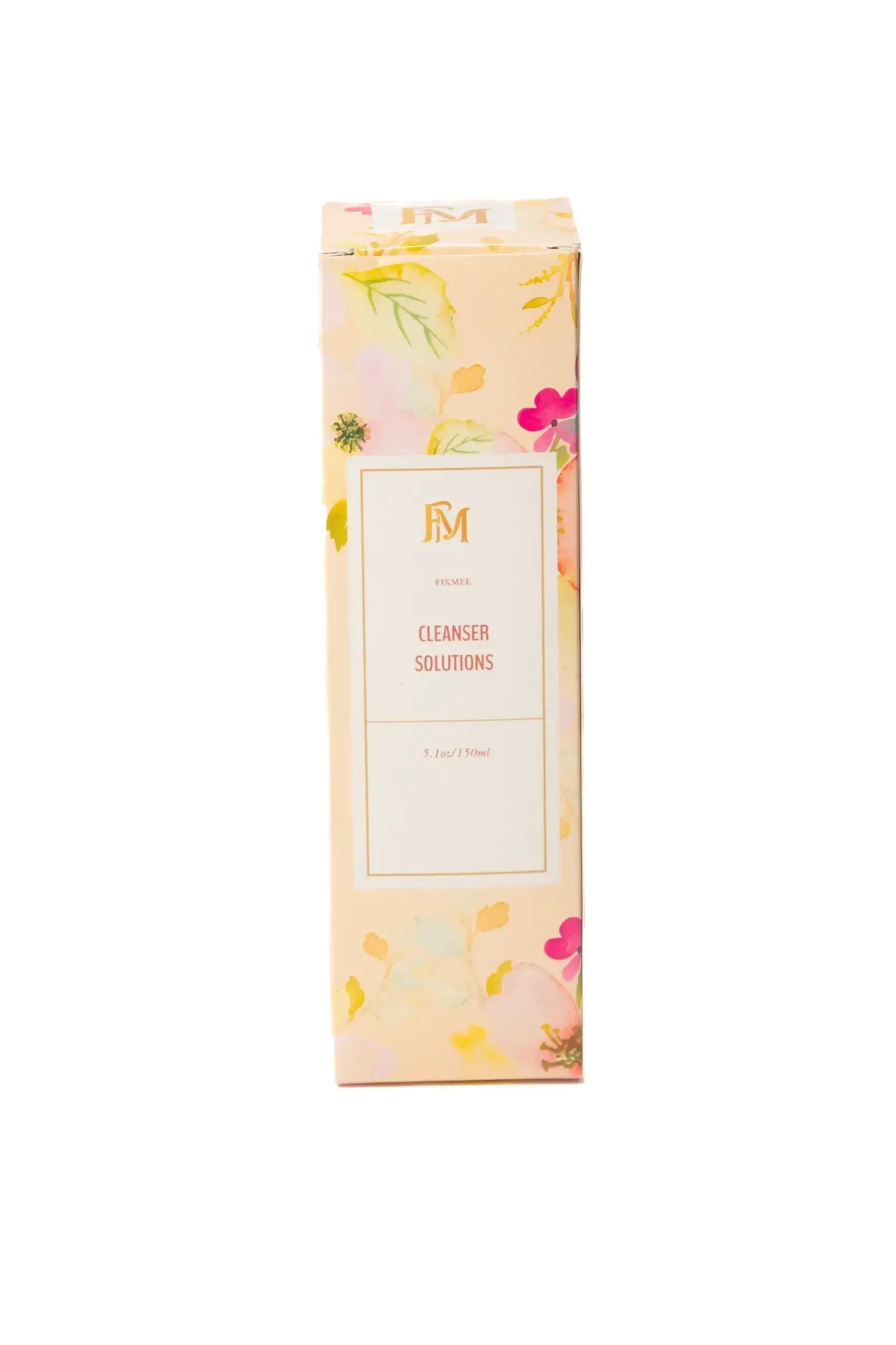 A rectangular box of FMPR Cleanser Solutions, featuring a pastel floral design and a white label with orange text on the front, standing upright against a white background.