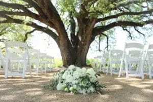 A bouquet of white flowers rests on the ground between rows of white chairs set up outdoors under a large, sprawling tree, suggesting a wedding ceremony setup.